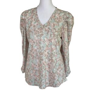 Wit & Wisdom Multicolor Watercolor Puff Shoulder Sleeve Top Sz S Ruched 3/4